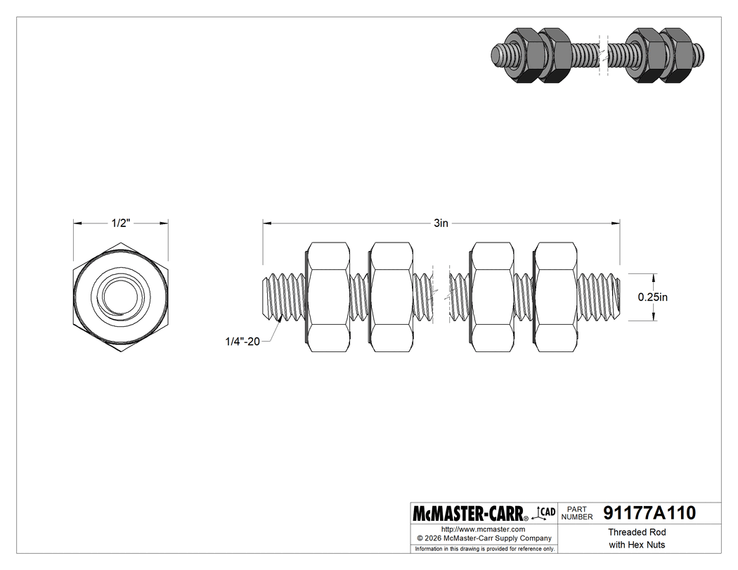 Technical Drawing of Threaded Rod with Hex Nuts, Grade B7, 1/4"-20 Thread Size, 3" Long.